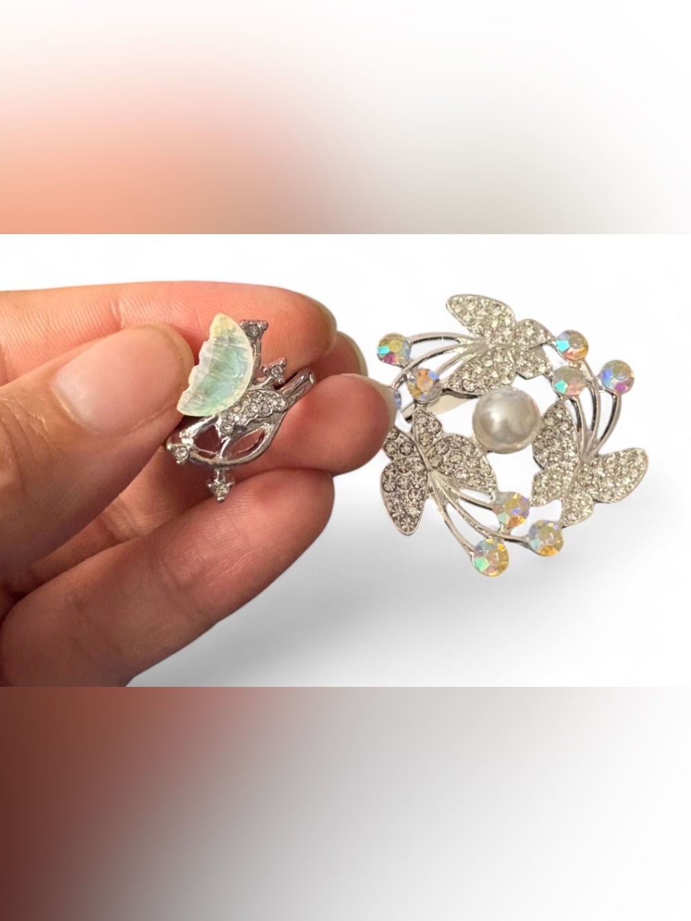 VTG Style Silver Butterfly Brooch & Ring Set | Iridescent Opal Rhinestone Size 7